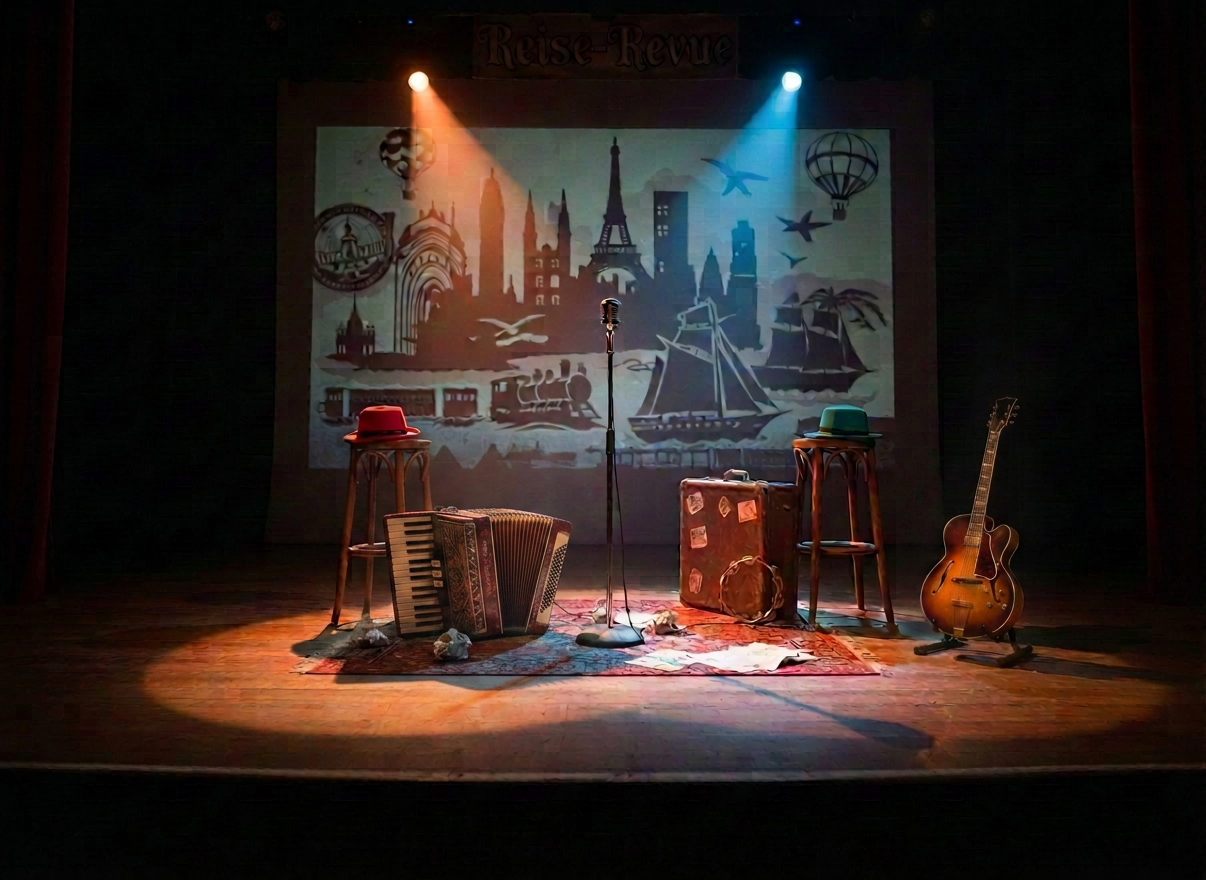 An energetic performance scene captured without visible people: two intense beams of theatrical light intersect center stage, illuminating a central vintage microphone, an upright suitcase, and a pair of brightly colored hats balanced on neighboring stools, implying the duo’s presence. Around them, scattered sheet music, a tambourine, and a small accordion suggest live music in full swing. The backdrop shows a projected collage of iconic travel symbols—silhouetted skylines, trains, ships—blurred slightly to keep focus on the foreground. Strong, contrasting stage lighting in amber and deep blue creates dramatic shadows and a sense of rhythm. Photographic realism, low-angle shot from the front row, wide composition capturing the electric, playful atmosphere of the “Reise-Revue” in mid-performance.